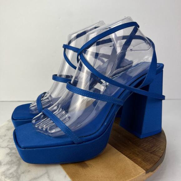 EUC Zara EU 39/US 8.5 Blue Strappy Retro Chunky Platform Heel Square Toe Sandals - Picture 8 of 14